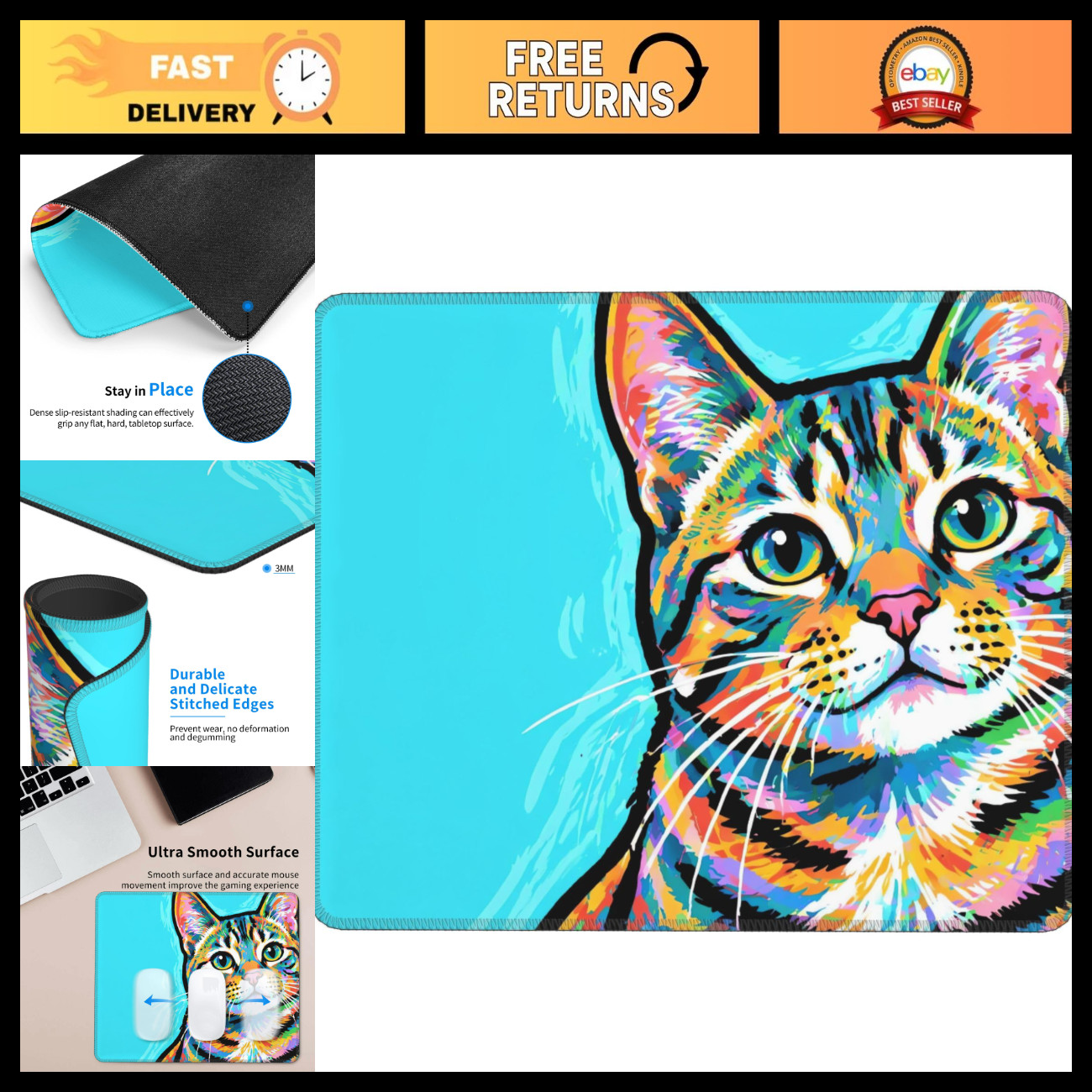 Colorful Cat Mouse Pad - Non-Slip Rubber Base, Stitched Edges, Washable, 10.3"x8
