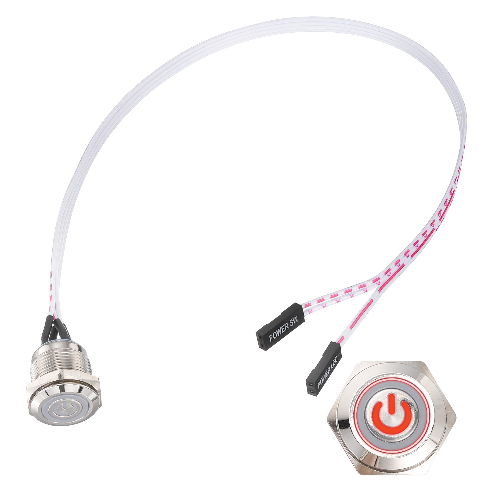 Chassis Metal Button 16mm Power Symbol Red LED Power Button 30cm Wire, Silver