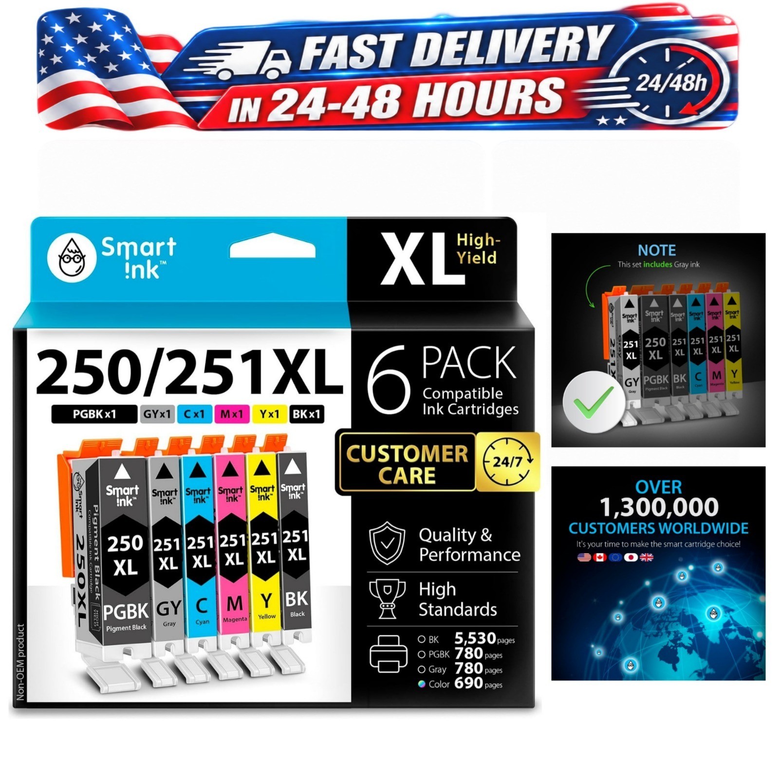 Smart Ink Compatible Ink Cartridges for Canon PGI-250XL CLI-251XL 6 Pack PIXMA