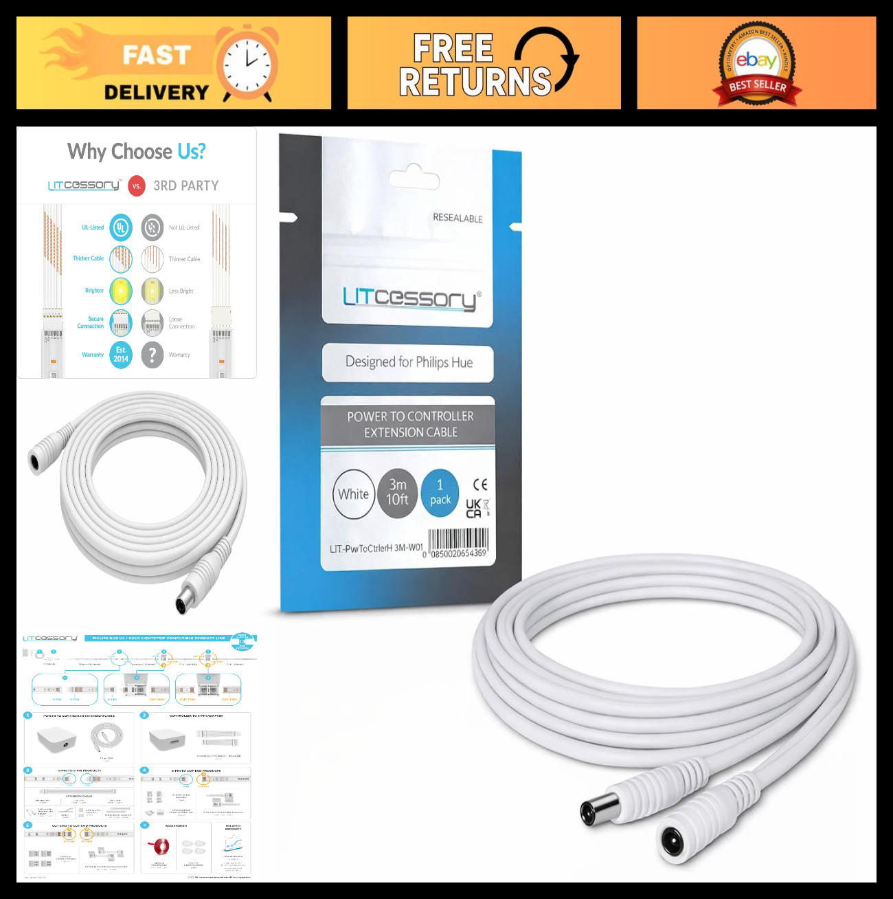 Extension Cable for Philips Hue Lightstrip - Power Controller Connector, 10ft
