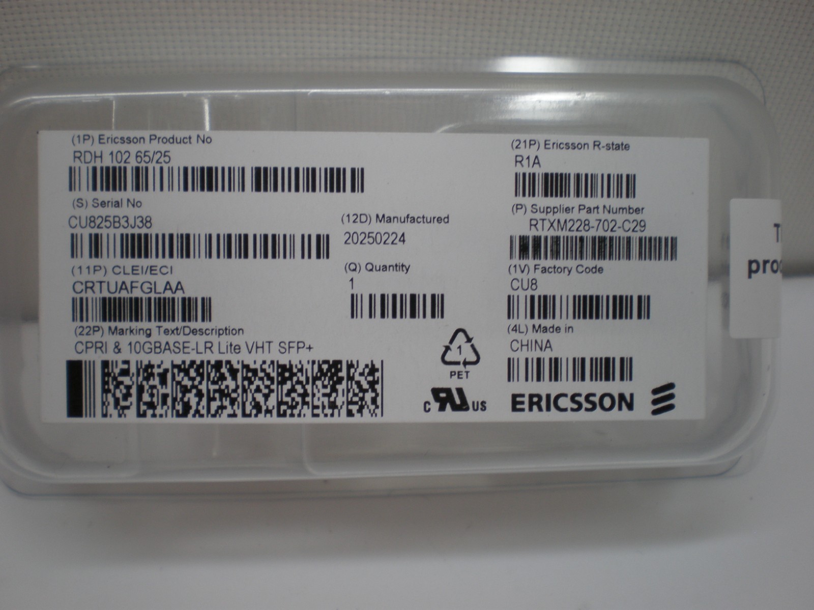 Ericsson RDH10265/25 Optical Transceiver SFP+ CPRI 10GBase-LR lite RDH 102 65/25
