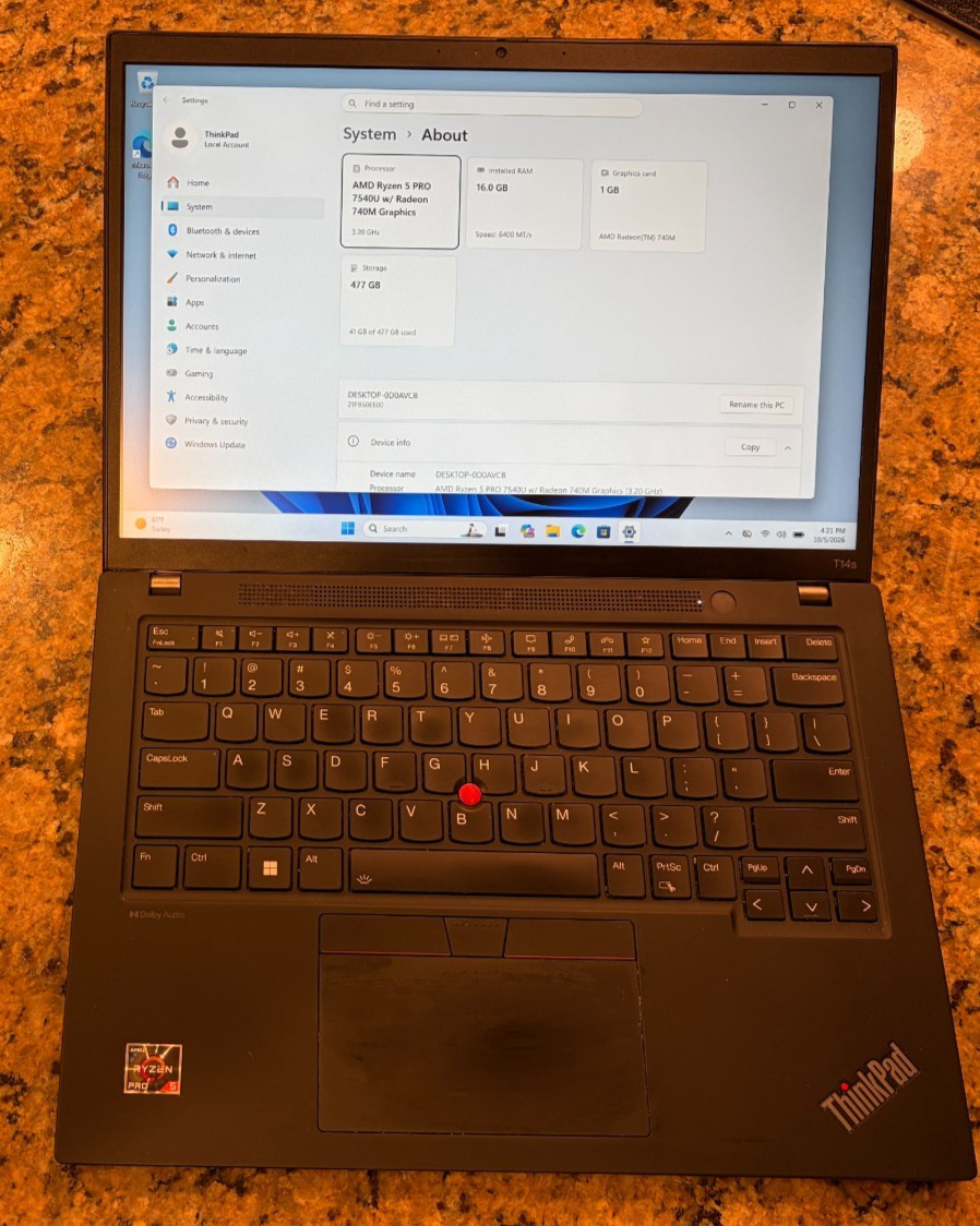 Lenovo ThinkPad T14s Gen 4 FHD+ 3.2 GHz Ryzen 5 PRO 7540U 16GB 512GB SSD Win11p