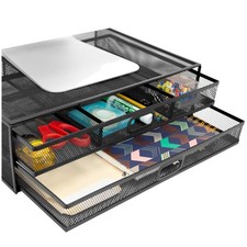 Metal Mesh Monitor Stand with Drawers, Black picture
