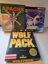 Lot of 3 Vintage PC Computer Big Box Game Wolf Pack, Apache, Flight Simulator picture