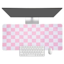 Checkered Desk Mat, 35.4x15.7 Inch Mouse Pad with Non-Slip, Pink/White picture