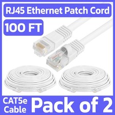 2 Pack White Cat5e Ethernet Patch Cable 100ft RJ45 Network Cord Internet Wire picture