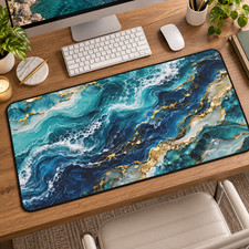 Teal Gold Ocean Desk Mat, Blue Marble Mouse Pad, Abstract Office Decor picture