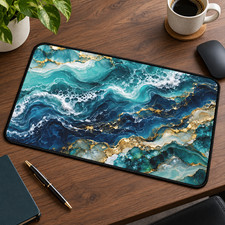 Teal Gold Ocean Desk Mat, Blue Marble Mouse Pad, Abstract Office Decor picture