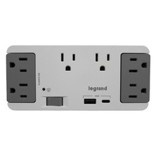 On-Q 6 Outlet Enclosure Surge Protector with One USB-A Small, White and Gray picture