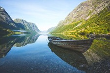 Landscape nature fjord mountains boat reflection grass Custom Gaming Mat Desk picture