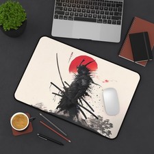 Samurai Silhouette Desk Mat | Red Sun Japanese Ink Artwork picture