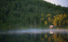 Landscape nature cottage lake forest hills mist water Custom Gaming Mat Desk picture