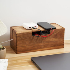 Acacia Wood Cable Management Box Power Strip Cord Hider Desk Organizer picture