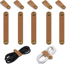 10 Pcs Cord Organizer, Brown Pu Leather Button Wraps for Phone Cord Ties picture