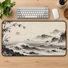Japanese Ink Wave Desk Mat, Zen Ocean Mouse Pad, Sumi-e Coastal Decor picture