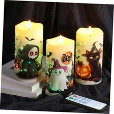 Fiber Optic Halloween Flameless Pillar Candles with Remote Reaper, Cat, Ghost picture