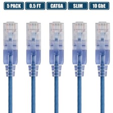 5x 0.5FT Slim CAT6A RJ45 Ethernet LAN Network UTP Patch Cable Cord 30AWG Blue picture