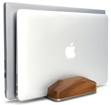Dual Vertical Laptop Stand Natural Wood Adjustable Dock Black Walnut picture