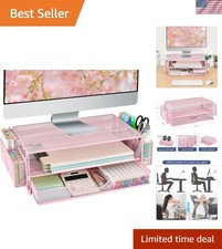 Ergonomic 2-Tier Pink Monitor Riser & Desk Organizer with Drawers & Pen Holders picture