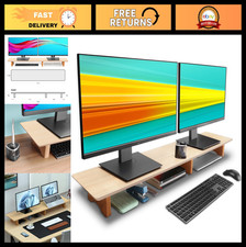 Large Dual Monitor Stand Riser - Solid Wood Desk Shelf with Eco Cork Legs, Organ picture