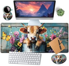 Large Mouse Pad Wrist Rest Cute Baby Cow Bucket Extended Mat 31.5x11.8 Inch picture
