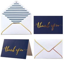 Thank You Cards 4x6 Inch Navy Blue Gold Heavy Duty Winoo Design Notes picture
