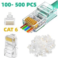 100-500 PCS CAT6 RJ45 Pass Through Connectors 50U Gold Plated Easy End Plugs US picture