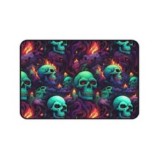 Neon Skull Desk Mat | Gothic Mousepad | Flaming Smoke Design Keyboard Mat picture