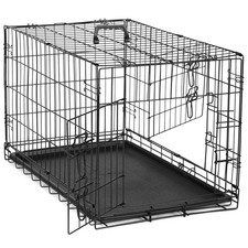 DUMOS 48 Inch Foldable Dog Crate Metal Wire Double Door Black Plastic Pan picture