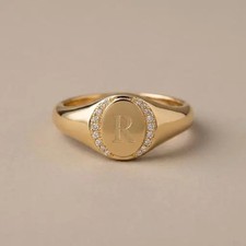 Diamond Halo Initial Ring, Personalized Letter Signet Ring, Custom Monogram Gold picture