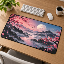 Cherry Blossom Desk Mat, Japanese Landscape Mouse Pad, Moon Mountain Desk Pad picture