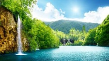 Landscape lake waterfall trees hills plitvice lakes Custom Gaming Mat Desk picture