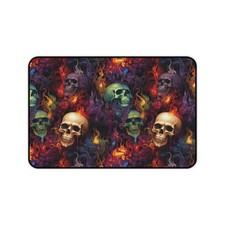 Flaming Skulls Desk Mat | Gothic Skull Pattern Mouse Pad | Neon Keyboard Mat picture