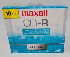 NEW/SEALED  Maxell CD-R Blank Media Discs w/ Slim Jewel Cases 10 pack picture