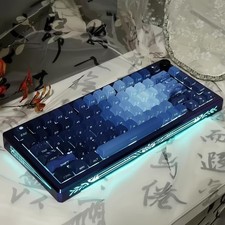 128 Keys Moonlit Dark Blue Gradient Side Print PBT Shine Through Keycap Set Box picture