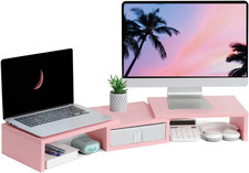 Pink Dual Monitor Stand Riser with Drawer - Length and Angle Adjustable Double C picture