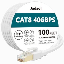 1 PCS 100 Ft Cat 8 Flat Ethernet Cable 40Gbps 2000MHz S/FTP LAN Cord White picture