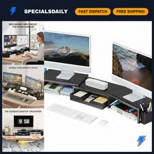 Dual Monitor Stand Riser with Drawer, Desk Organizer & Shelf, 2 Pen Holders, Bla picture