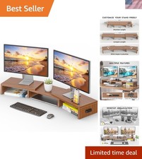 Adjustable Dual Monitor Riser with Smartphone Holder - Elegant Walnut Finish picture