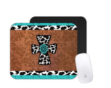 Turquoise Cross Mouse Pad | Western Cow Print Desk Mat | Country Farmhouse Style picture