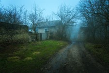 Landscape dirt road mist trees house mud grass gloomy Custom Gaming Mat Desk picture