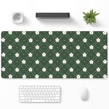 Niniubye Desk Mat Large Gaming Mouse Pad, Cute Green Argyle and White Flowers picture