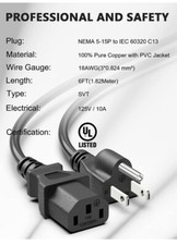 NEW Computer Replacement Power Cord | 6-Foot | Black picture