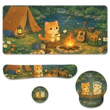 Cute Cat Cozy Camping Large Desk Mat Set Mouse Pad Wrist Rest 4in1 Keyboard picture