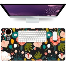 Large Desk Mat Protector Pad 23.6x11.8 Inch PU Leather Black Floral Mouse picture