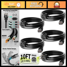 10ft Power Cord 5-Pack, 3-Prong Pure Copper, ETL Certified, Heavy Duty Black picture