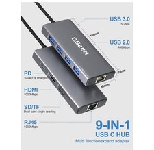 USB Hub Ethernet,9 in 1 USB Hub HDMI Multi-Port Converter Adapter,100W Pd, US... picture