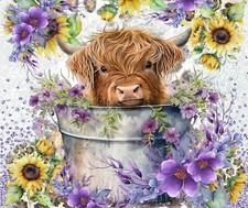 ADORABLE HIGHLAND COW SUNFLOWER PURPLE FLORAL BUCKET COMPUTER MOUSE PAD 9 X 7 picture
