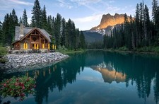 Landscape lagoon forest mountains trees house plants Custom Gaming Mat Desk picture