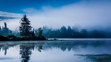 Landscape lake morning mist blue forest water reflection Custom Gaming Mat Desk picture